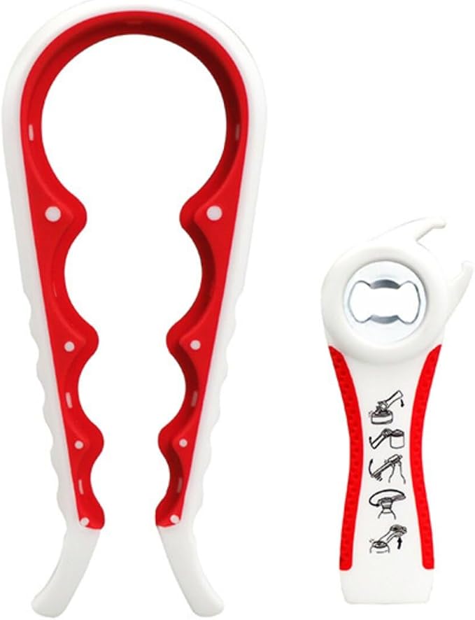 Multi-Grip Jar Opener and Bottle Opener Tool, Ergonomic Design with Non-Slip Handles, (white and red)