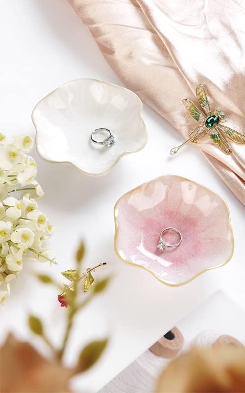 JAMEND CLXP 2PCS Lotus Leaf Shape Ring Holder Dish, Small Key Bowl, Ceramic Trinket Tray Jewelry Dish Organizing Necklace Earrings for Mom Friend Sister, All Jewelries Are NOT Included. White +Pink.…