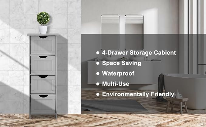 Bonnlo Skinny Bathroom Floor Storage Cabinet, 12 Inch Wide Deep Small Storage Organizer with 4 Drawers, Wooden Modern Grey Thin Free Standing Tower Cabinet w/ 4 Cute Drawers for Bathroom, Living Room
