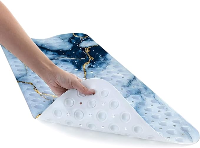 LNOND Marble Bath Tub Mat Non Slip, Extra Long 40 X 16 Inch Anti Slip Mat for Bathtub, Navy Blue Gold Marble Shower Mat with Drain Holes and Suction Cups, Machine Washable