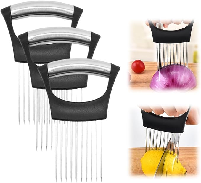 Onion Holder for Slicing, 2025 New Stainless Steel Onion Slice Holder Lemon Slicer Vegetable Cutter, Kitchen Gadgets Chopper Slicing Assistant Tool for Meat, Onion, Tomato, Potato (3 Pcs)