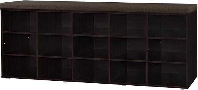 DINZI LVJ Shoe Storage Bench with Cushion, 15-Cubby Shoe Rack, Adjustable Shelves, Long Shoe Organizer Bench for Entryway, Mudroom, Hallway, Living Room, Bedroom and Garage, Espresso