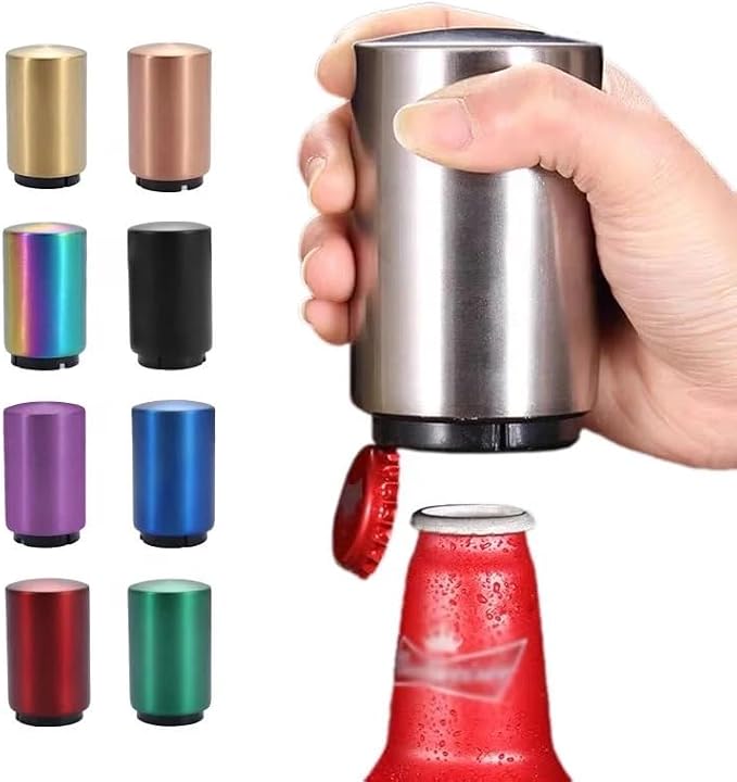 Premium Beer Bottle Opener,Automatic Bottle Openers, Stainless Steel Push Down Beer Opener, No Damage to Bottle Cap with Magnet,Portable Pop the Top Bottle Opener for Home Bars Camping Party (Red)