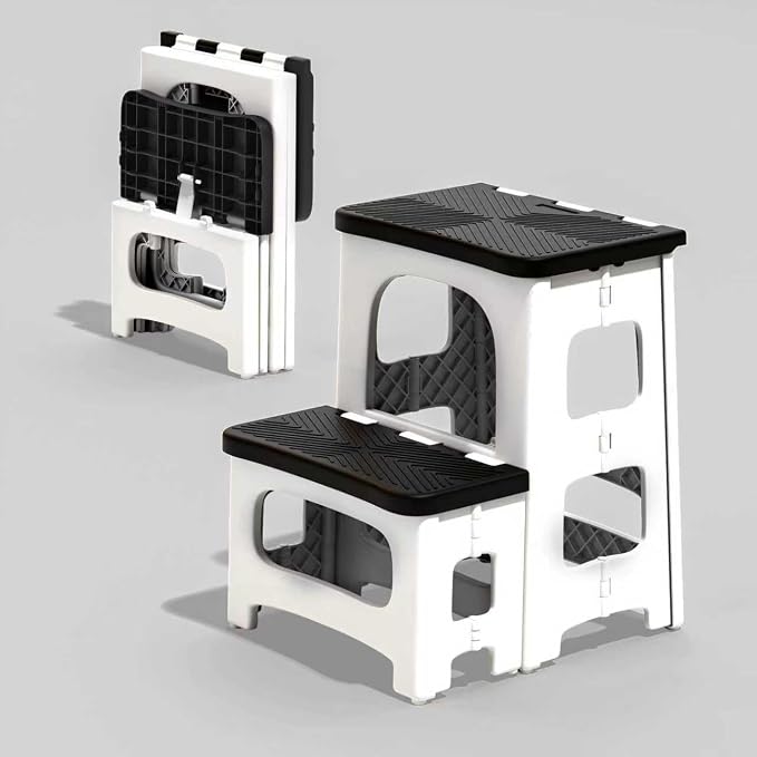 2 Step Stool Foldable, Non-Slip Steps, Folding Step Stool for Adults & Kids, Plastic Stool Pool Ladder, Collapsible Stools 2 Step Ladder for Kitchen Toilet Bedroom Office RV, Holds 330 lbs