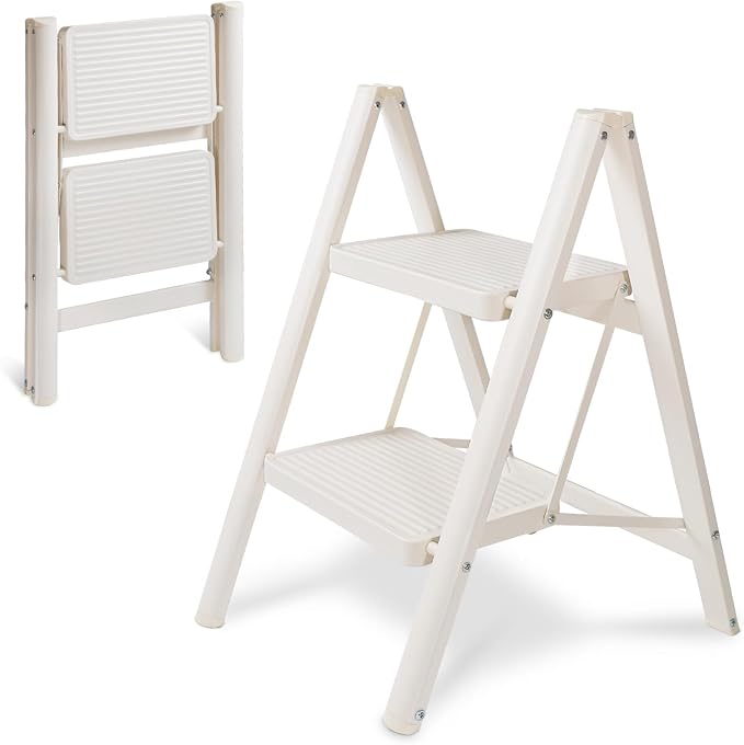 2 Step Ladder Folding Step Stool, Heavy Duty 330 Lbs Load Stepladder, Small Kitchen/Closet Ladder for Adults/Kids, Lightweight Step Ladder 2 Step Folding with Anti-Slip Wide Pedal for Home Off White