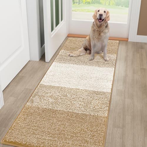 Smiry Dog Door Mat for Muddy Paws, Absorbs Moisture and Dirt, Low-Profile Entryway Mat with Non-Slip Backing, Entry Indoor Outdoor Doormat for Inside Floor (48x30 Inches, Beige, Striped)