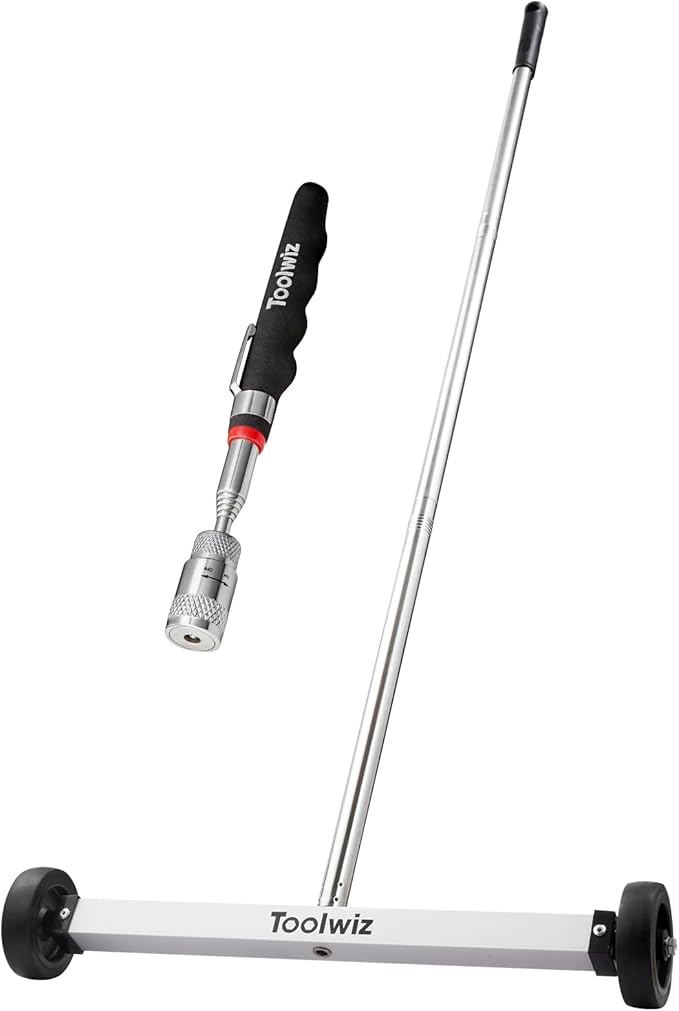 Toolwiz 17" Rolling Magnetic Sweeper 10lbs, with 8 lbs Telescopic Magnetic Pick Up tools with LED light–Lightweight Pick-up Sweeper with Wheels for Nails, Screws & Metal Debris Home Use Workshop