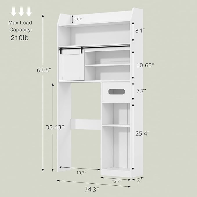 VECELO Over The Toilet Storage Cabinet with Sliding Doors, 63.8" Toilet Organizer with Adjustable Shelves, Paper Holder and Racks, for Bathroom Laundry, White