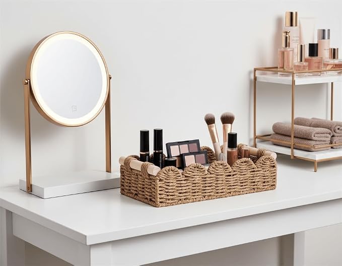 CubesLand Toilet Paper Storage Basket Organizer, Small Wicker Toilet Tank Top Decorative Baskets for Countertop, Handwoven Scalloped Basket w/handle for Home Decor, Living Room, Bedroom, Neutral