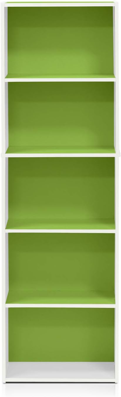 Furinno LUDER Book Shelf, 5-Tier Bookshelf, Bookcase with Open Shelves, 9.4 x 15.8 x 52, Easy Assembly, for Living Room, Bedroom, Home Office, White/Green