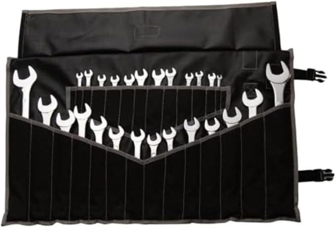 BULL TOOLS 28 Pockets Hand Crafted Heavy Weight Water Proof 18 Oz. Ballistic Polyester Oxford Canvas Metric & SAE Wrenches and Tools Bag Organizer Roll Up Pouch - Black - (Tools are not Included)