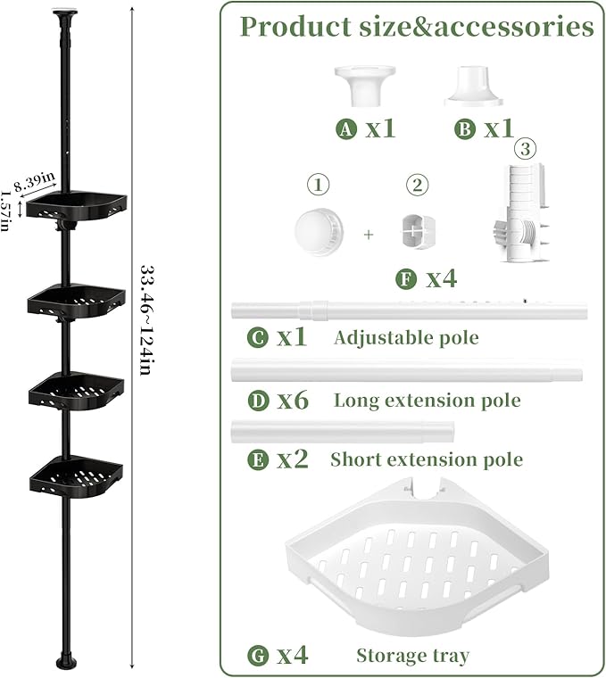 akinbas Tension Pole Shower Caddy Organizer with 4 Tier L-Shaped Rust Resistant Bathroom Corner Shelves with 34-124 Inch Adjustable No Drilling Quick Install Shower Rack for Bath Essentials (Black)