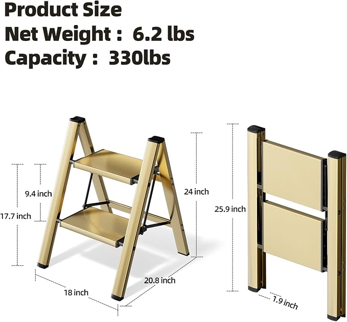 HillhutApex 2 Step Ladder, Lightweight Portable 2 Step Stool with Anti-Slip Wide Pedal,330lbs Capacity Aluminum Ladder for Household,Office,Library(Gold)