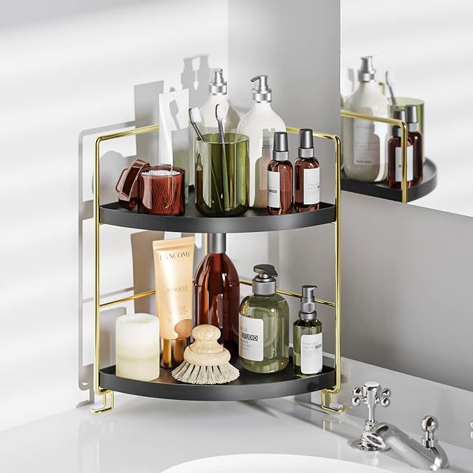 2-Tier Bathroom Corner Counter Organizer, Makeup Storage Shelf Vanity Tray, Bathroom Sink Countertop Organizer, Black