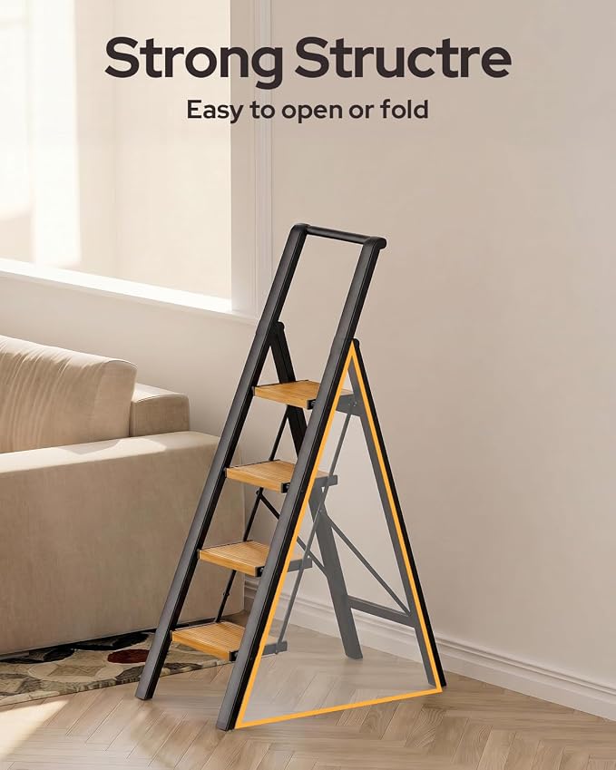 4 Step Ladder, Lightweight Aluminum Folding Step Stool with Convenient Handgrip, Stepladders with Anti-Slip and Wide Pedal for Home Use Space Saving - Black+Woodgrain