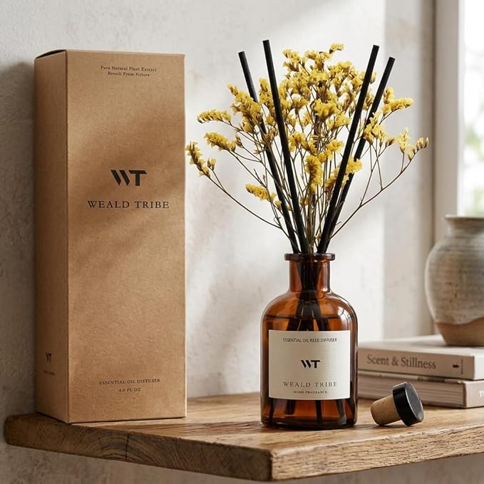 WEALD TRIBE Reed Diffuser Set for Bathroom Air Fresheners, Oil Diffuser Sticks with Flower | Lemongrass Scent 4.0 fl oz Home Fragrance with Sticks Defusers | House Bedroom Office Shelf Decor