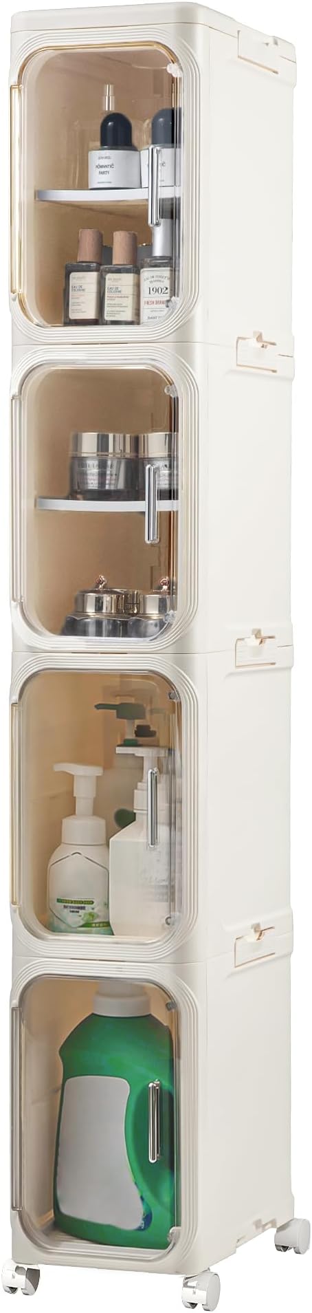 LXLXXL 4-Tier Narrow Storage Cabinet Slim Bathroom Storage Cabinet with Movable Wheels Tall Bathroom Organizer Skinny Cabinet for Small Spaces，Beige