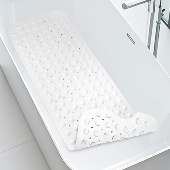 WarmSnow Long Bathtub Mat Non Slip 39.5 x 16 Inch, Inside Shower Mats with Suction Cups & Drain Holes, Soft TPE Bath Mat for Tub, Quick-Drain Bathroom Floor Mats, White