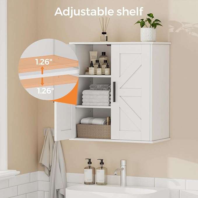 Homleke Bathroom Wall Cabinet, Over Toilet Storage Cabinet with Barn Doors and Adjustable Shelves, 3-Tier Medicine Cabinet Wall Mounted, for Bathroom, Kitchen, Entryway, Laundry Room, White, (11.8" D)