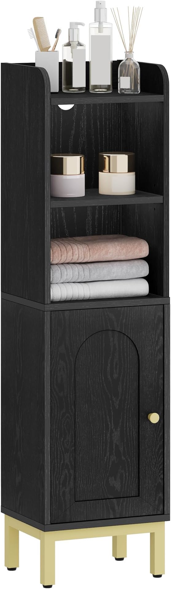 Hzuaneri Bathroom Storage Cabinet, Small Corner Floor Cabinet with Door and Shelves, Narrow Toilet Paper Holder, Bathroom Organizer with Adjustable Shelf, for Small Spaces, Black BC38204GV1