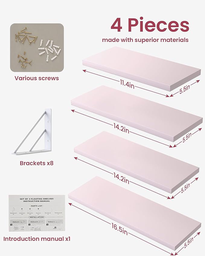 BAYKA Wall Shelves for Bedroom Decor, Pink Floating Wall Shelf for Living Room Kitchen Storage,Mounted Rustic Wood Shelves for Kids Books, Corner Shelf for Bathroom(16in，Set of 4)