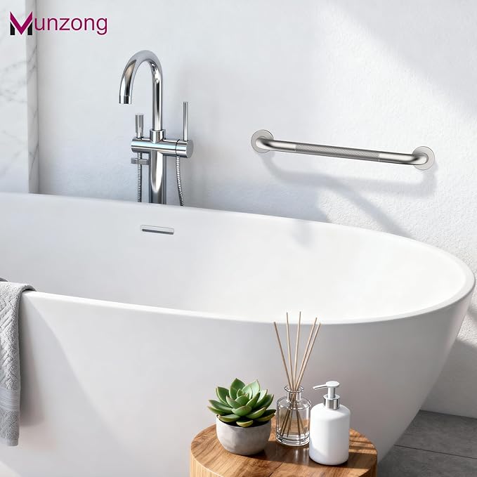 16 Inch Anti Slip Shower Grab Bar,Munzong Handicap Grab Bars,Brushed Nickel Knurled Bathroom Balance Bar,Safety Hand Rail Support Elderly Senior Bath Handle
