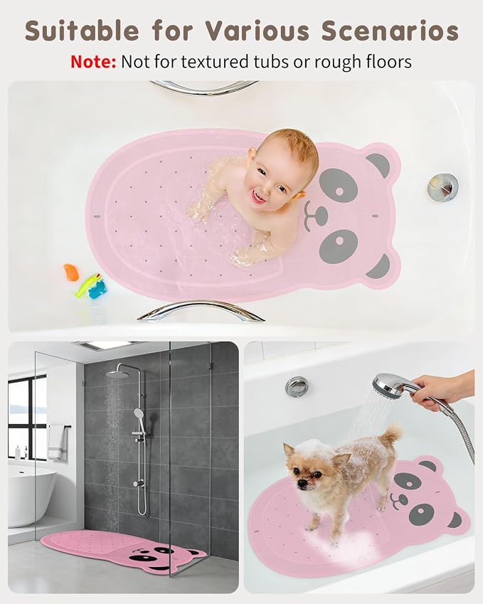 Panda Bathtub Mat Non Slip Kids Natural Rubber Low Odor, Bath Mat for Tub Non Slip for Baby 32"x18", Anti-Slip Surface and Strong Suction Cups Dual Anti-Slip, Machine Washable, Pink