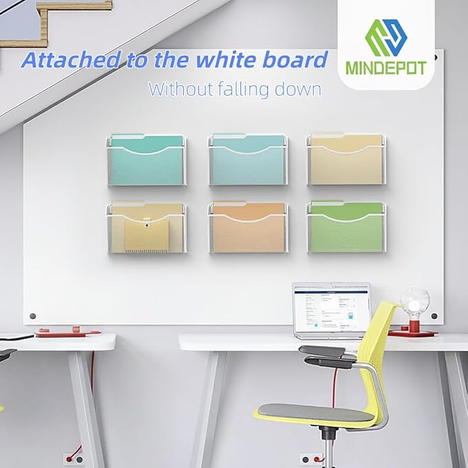 MINDEPOT Magnetic Wall File Holder - Metal Mesh Wall File Organizer with Powerful Magnet Single Pocket Wall Folder Holder for Office File Cabinet Whiteboard, No Assembly Required, Space Saver, White