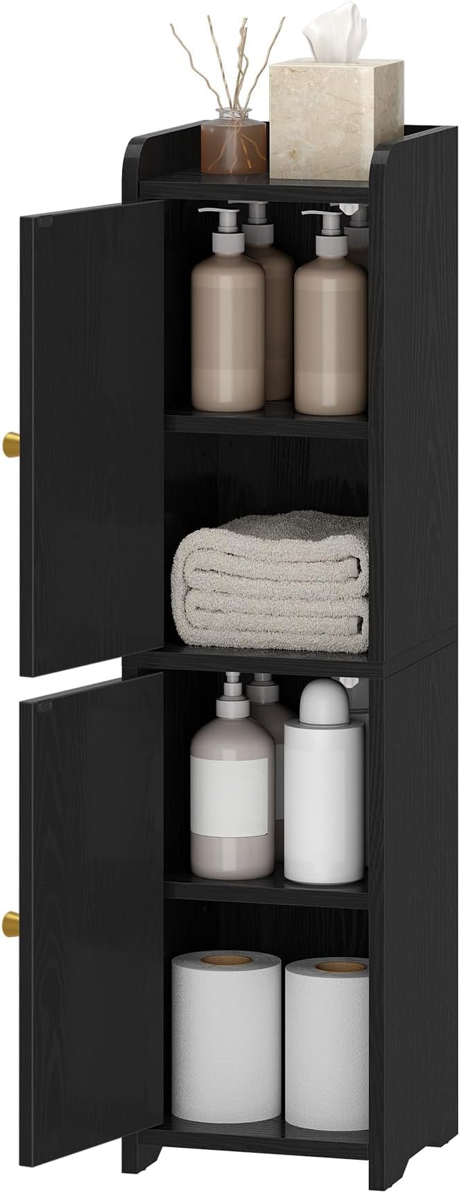 Hzuaneri Bathroom Storage Cabinet, Small Corner Floor Cabinet with 2 Doors and Adjustable Shelf, Narrow Toilet Paper Cabinets, Bathroom Organizer for Small Spaces, 7.9" D x 7.9" W x 29.5" H Black