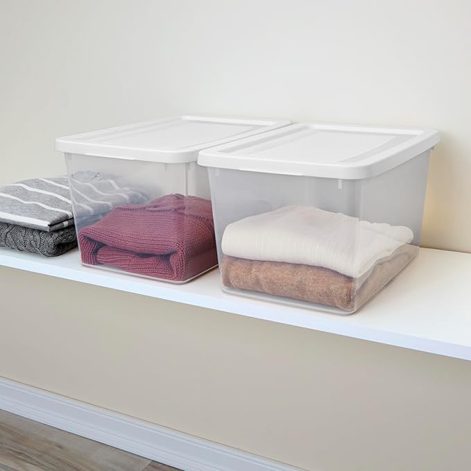Sterilite 24 Pack Storage Box, 20 Quart Stackable Tote, Clear Plastic Container with Secure Snapping Lids for Home and Office Organization, White