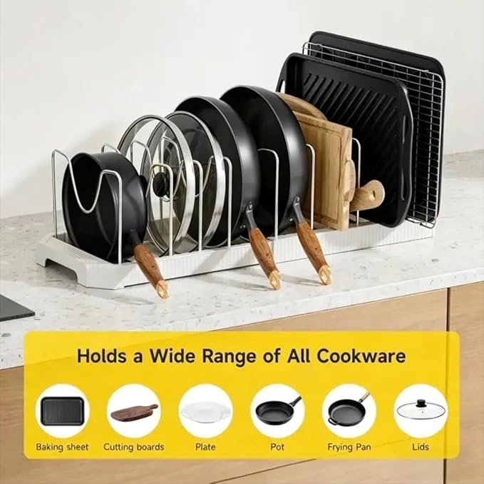 MUDEELA Pots and Pans Organizer under Cabinet, Pot Rack with Expandable Pot Lid Organizers Holder for 10 Adjustable Dividers, Pan Organizers inside Cabinet for Pan Lids, Cutting Boards, Baking Sheets
