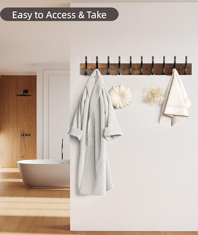 Optish 1 Pack Wooden Coat Rack Wall Mount, 16.1" Rustic Coat Hanger Hooks with 5 Double Hooks, Wall Coat Rack for Hat, Clothes, Bags, Jacket, Brown