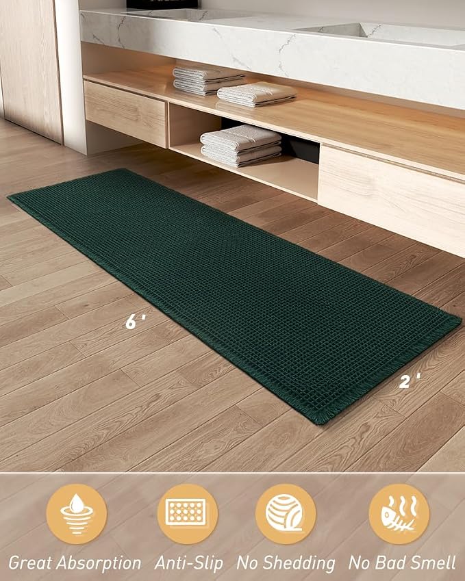 Upgraded Waffle Runner Rug, Super Absorbent Non Slip Bath Mats for Bathroom Floor Machine Washable Bathroom Runner Rug with Tassels Ideal for Hallway Bedroom Laundry Room, Dark Green, 2'x6'(24" x 72")