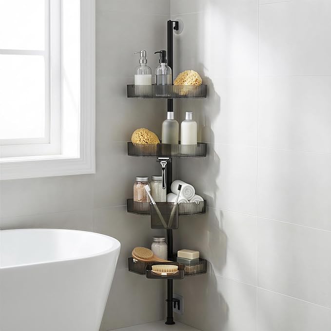 Corner Shower Caddy Extendable Rustproof Shower Organizer Adjustable 4-Tier Bathroom Shelves Anti-Tipping Bathtub Shampoo Storage Floor Standing Bath Rack 45-75 Inch No-Drill Quick Installation
