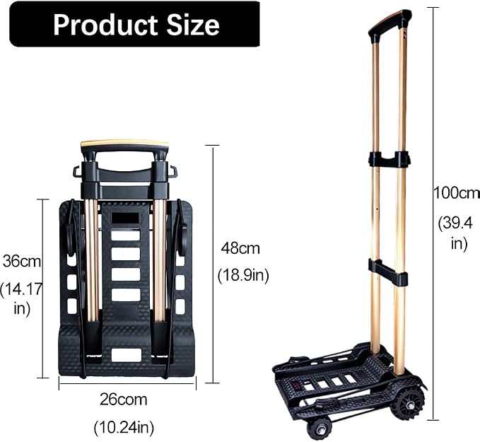 Folding Hand Truck Portable Dolly Compact Utility Luggage Cart with 70Kg/155Lbs Heavy Duty 4 Wheels Solid Construction Adjustable Handle for Moving Travel Shopping Office Use (Black)