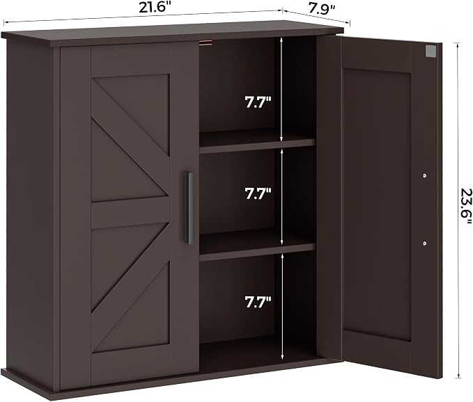 Homleke Bathroom Wall Cabinet, Over Toilet Storage Cabinet with Barn Doors and Adjustable Shelves, 3-Tier Medicine Cabinet Wall Mounted, for Bathroom, Kitchen, Entryway, Laundry Room, Brown, (7.9" D)