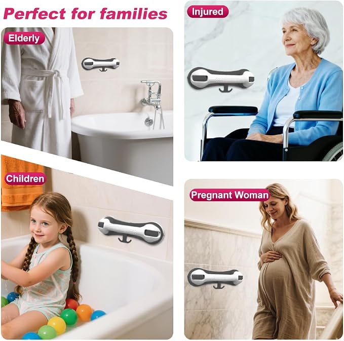 Grab Bars for Shower,Shower Handle with 3 Heavy Duty Suction Cups, Removable Bathtub Handrails for Elderly, No Drilling Waterproof Bathroom Safety Grip (Pewter)