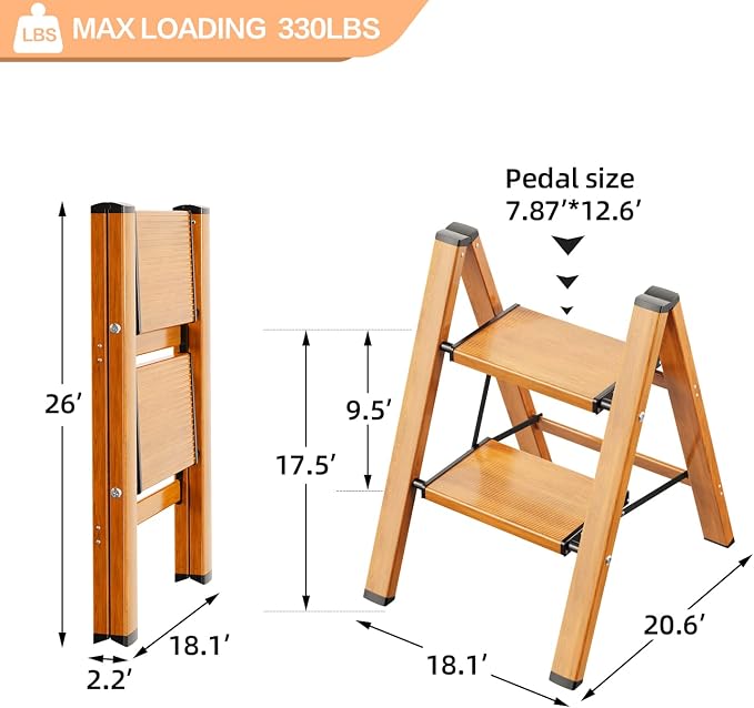 2 Step Ladder, Aluminum Folding Step Stool with Anti-Slip Sturdy and Wide Pedal, Lightweight Portable Multi-Use Stepladder for Home and Kitchen Use Space Saving, Woodgrain, 330 lbs