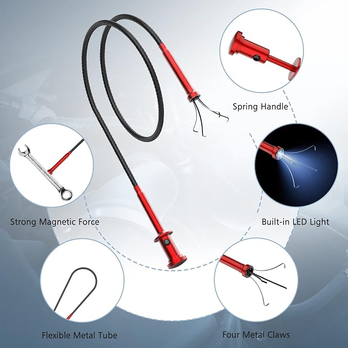 Housolution 28.34in Grabber Tool Magnetic Four-Claw Picker, Bendable Hose Reacher Pickup Sweeper with LED Light Battery, Flexible Long Handy Reaching Assist Tool for Litter Pick/Home Sink/Drain, Red