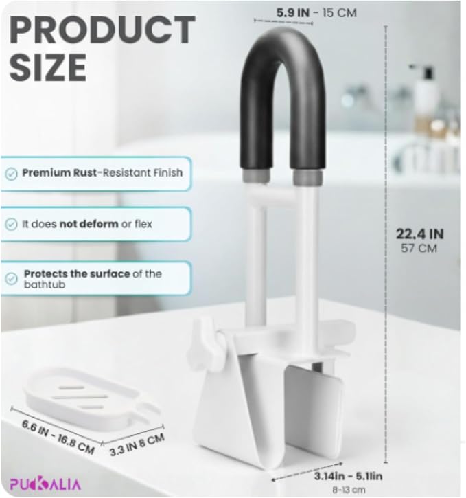 Bathtub Grab Bar Safety Rail for Seniors and Elderly with 300lbs Heavy Duty Iron Support Plus Tool Free Clamp on Shower Handle and Non Slip Bathroom Assist Bar for Side of Tub in White