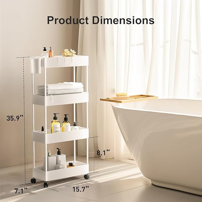 Pipishell Slim Storage Cart with Wheels, 4 Tier Bathroom Storage Organizer Rolling Utility Cart for Bathroom Kitchen Laundry Room Office Narrow Place (White)