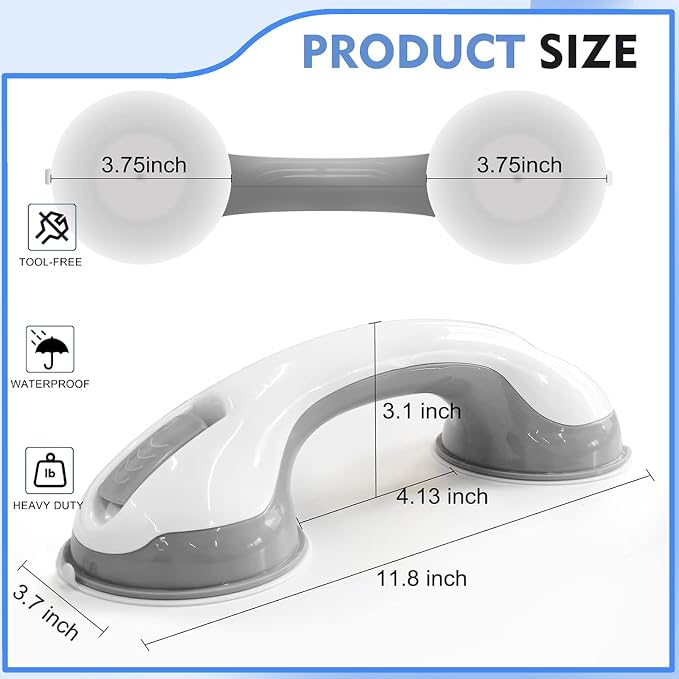 Shower Handles for Elderly Suction Seniors Cup 12 Inch Grey Grab Bar Safety Rail for Bathtubs Showers Bathroom Walls Tub Toilet with Strong Hold Grip Injury Handicap Elderly
