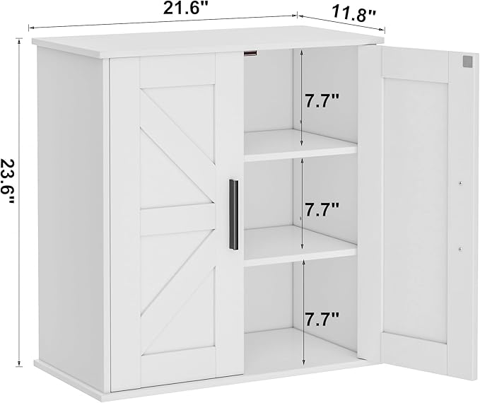 Homleke Bathroom Wall Cabinet, Over Toilet Storage Cabinet with Barn Doors and Adjustable Shelves, 3-Tier Medicine Cabinet Wall Mounted, for Bathroom, Kitchen, Entryway, Laundry Room, White, (11.8" D)