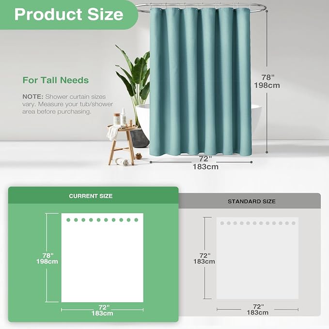 Dynamene Long Shower Curtain - 78 inch Long Waffle Weave Heavy Duty Fabric Shower Curtains for Bathroom, Neutral Weighted Hotel Spa Luxury Bath Curtain Set with 12 Plastic Hooks,72x78,Teal