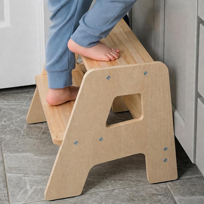 OCODILE 2-Step Wooden Step Stool for Toddlers | Kids Stool for Bathroom Sink & Kitchen Use | Non-Slip Step | Wooden Stool for Children Ages 2+ Years Varnished