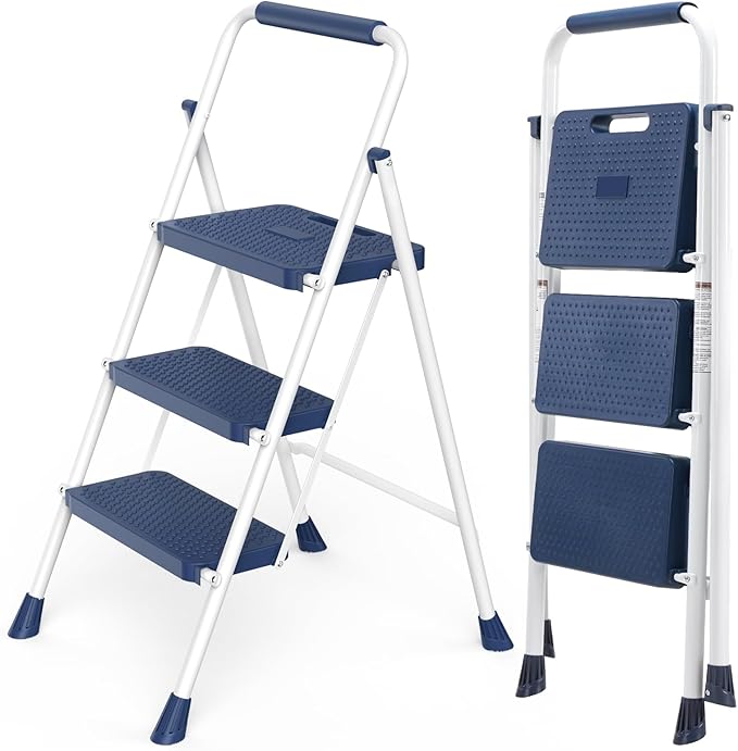 DUMOS Step Ladder, 3 Sturdy Step Stool with Anti-Slip Pedal & Comfortable Handrail, Portable Heavy Duty Step Stool for Kitchen, Garage & Outdoor Use, 330lbs, Blue