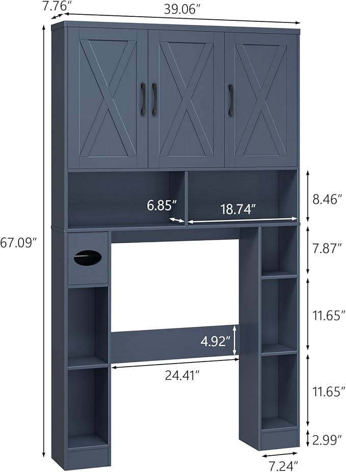 Over The Toilet Storage Cabinet, Farmhouse Toilet Cabinet Rack with 3 Barn Doors, Space Saving Bathroom Organizer with Shelves, Toilet Paper Holder and Towel Rack for Bathroom,Restroom,Laundry,Blue