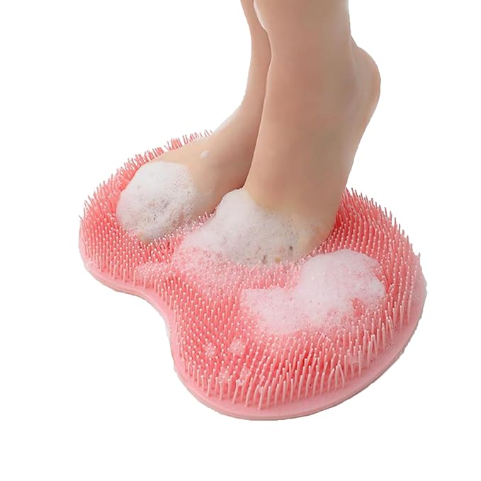 Shower Foot and Back Scrubber Mat,Wall Mounted Shower Foot Scrubber with Suction Cups,Exfoliating Silicone Massage Cleaner Mat(Pink)