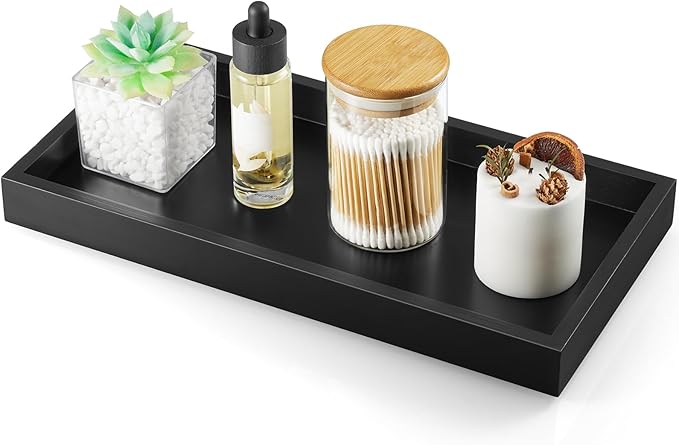 ALELION 13" Bathroom Vanity Tray for Counter - Black Wood Tray for Toilet Tank Makeup Perfume Jewelry Catchall Coffee Table - Wooden Kitchen Countertop Organizer for Soap Dispenser