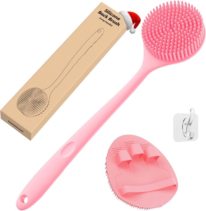 Manmihealth Silicone Back Scrubber(Thick Bristles) & Soft Bath Glove Set, Super-Exfoliating Body Scrubber & Super-Lathering Shower Brush Combination, with a Free Hook.(Pink)